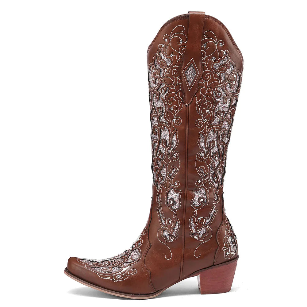 Bling Crystals Retro Western Cowboy Knee-high Boots for Women 2023, Embroidered Floral Cowgirl Shoes