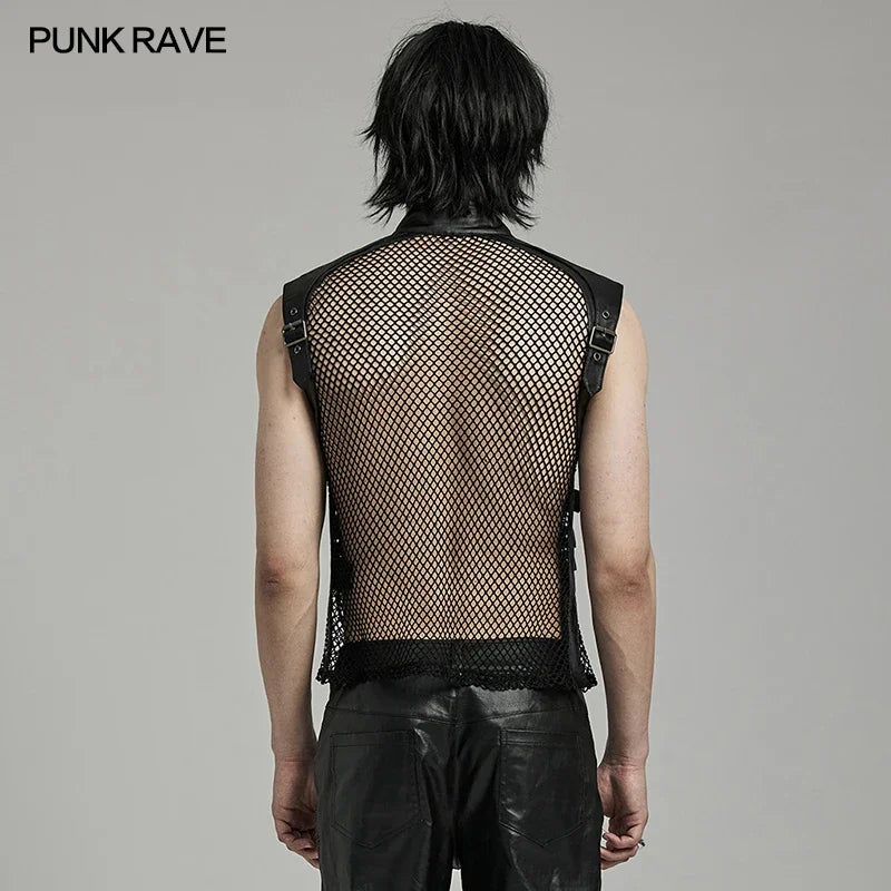 PUNK RAVE Men's Punk Personality Mesh Handsome Hollow Vest Daily Unrestrained Sexy Cool Blak Tops Men Clothing Summer