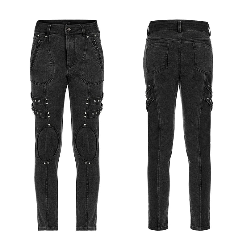 PUNK RAVE Men's Post-apocalyptic Style Micro Elastic Twill Denim Pants Punk Pockets Loops & Eyelets Decorate Black Trousers