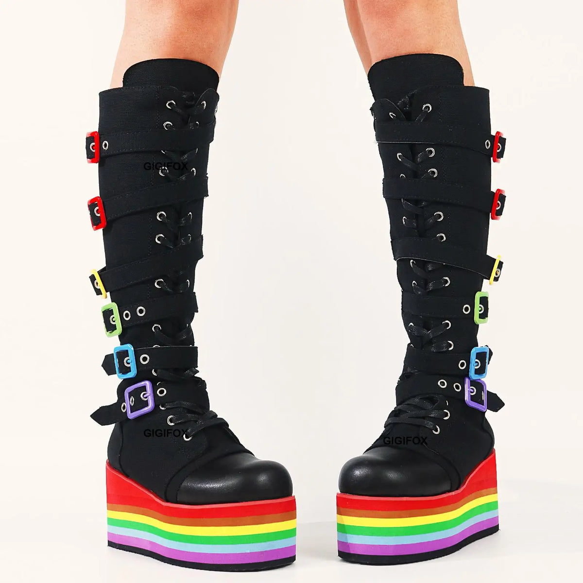 GIGIFOX Brand Big Size 43 Fashion Gothic Rianbow Platform Buckles Zipper Colorful Great Quality Motorcycle Boots Woman Shoes