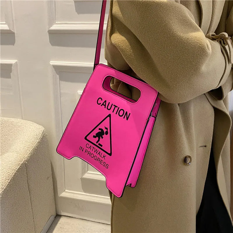 Novelty Sign Purse - Fashionable PU Leather Handbag with Caution Catwalk In Progress Design, Crossbody Messenger Bag