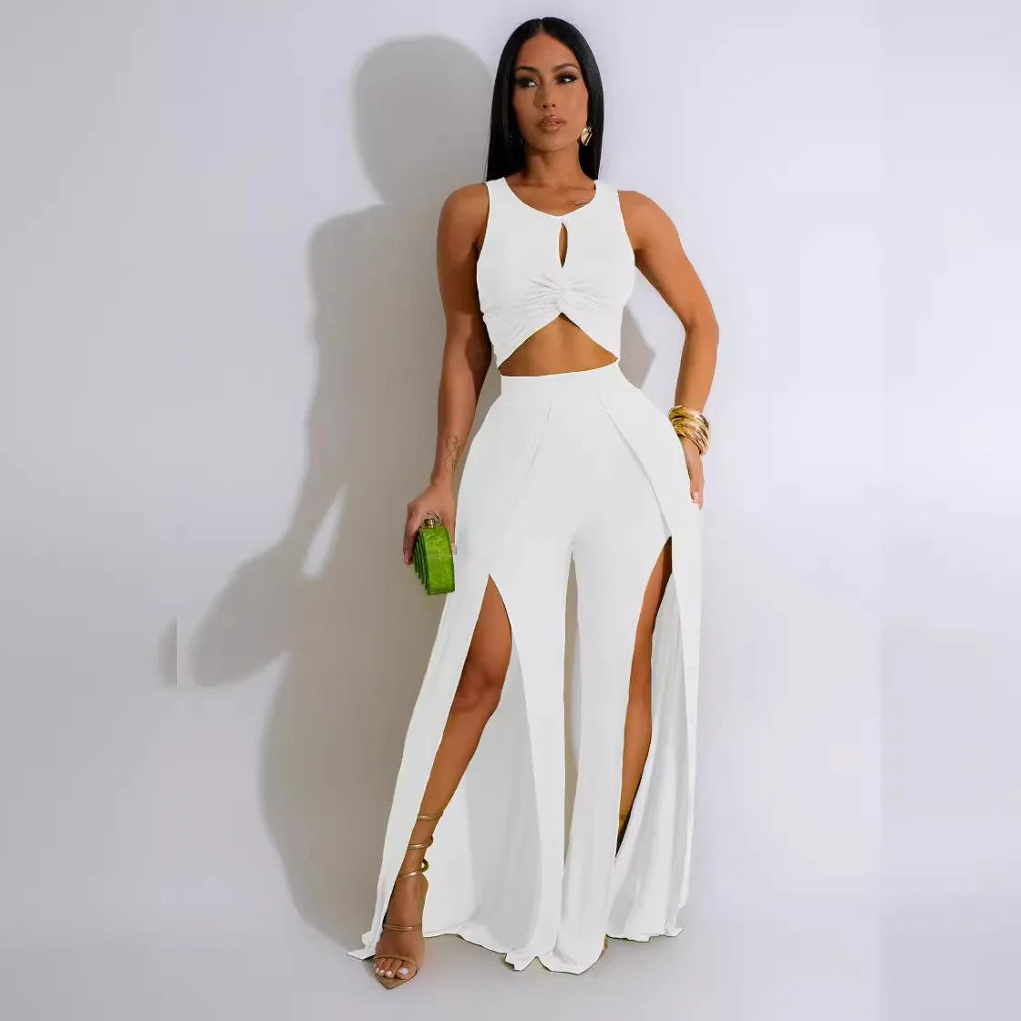 Summer Fashion Street Two Piece Set - Sexy Solid Sleeveless Top and Split Wide Leg Pants for Women