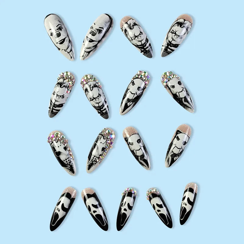 24Pcs Clown Grim Reaper Mask Man False Nails Halloween dark horror weird Tomie Press on Nails For Women and Girls Holiday Gifts