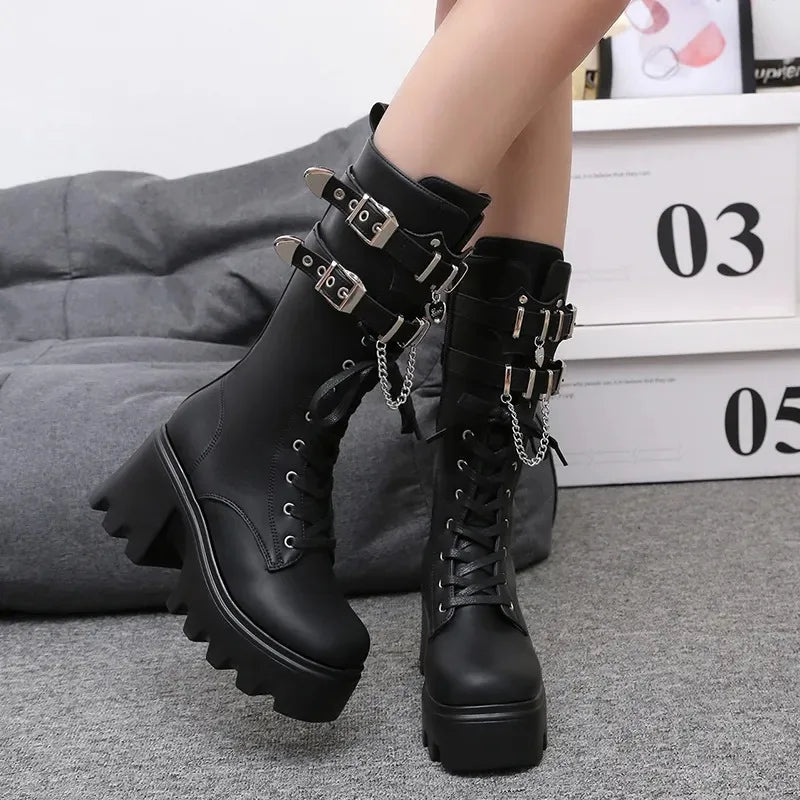 Women's Punk Gothic Buckle Chain High Heel Mid Calf Boots - Black PU Leather Fashion