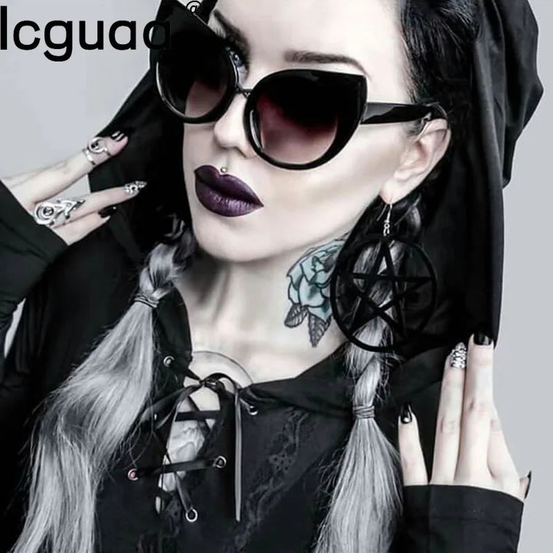 Halloween Dark Black Gothic Cat Eye Sunglasses - Vintage Luxury Brand Steampunk Oversized Sunglasses for Women