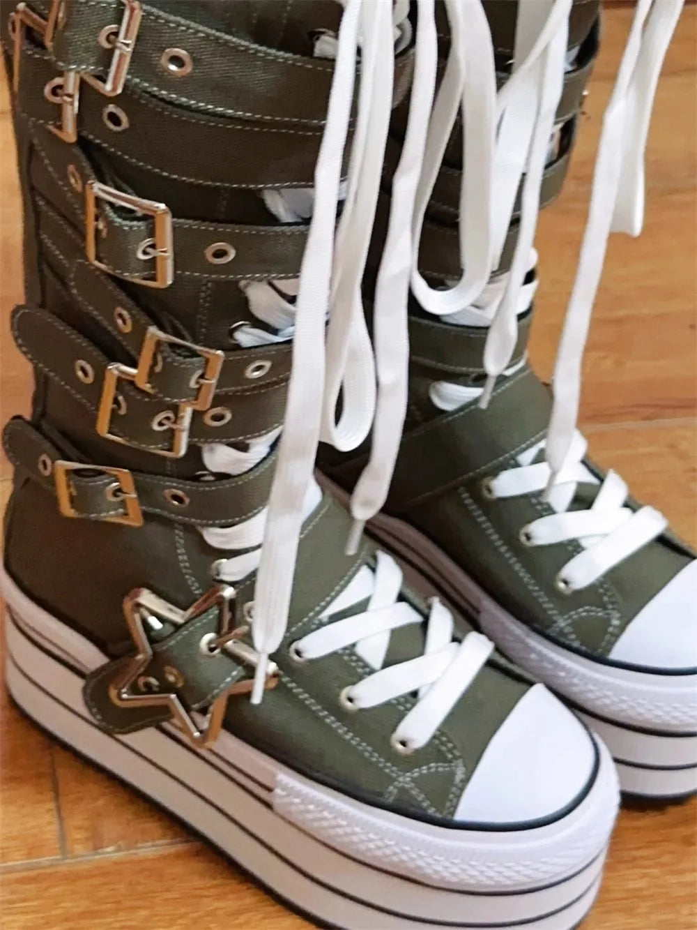 Women wasteland punk long Boots woman high wedges Heels pumps Lady Dress party shoes big toe army green customized canvas shoes