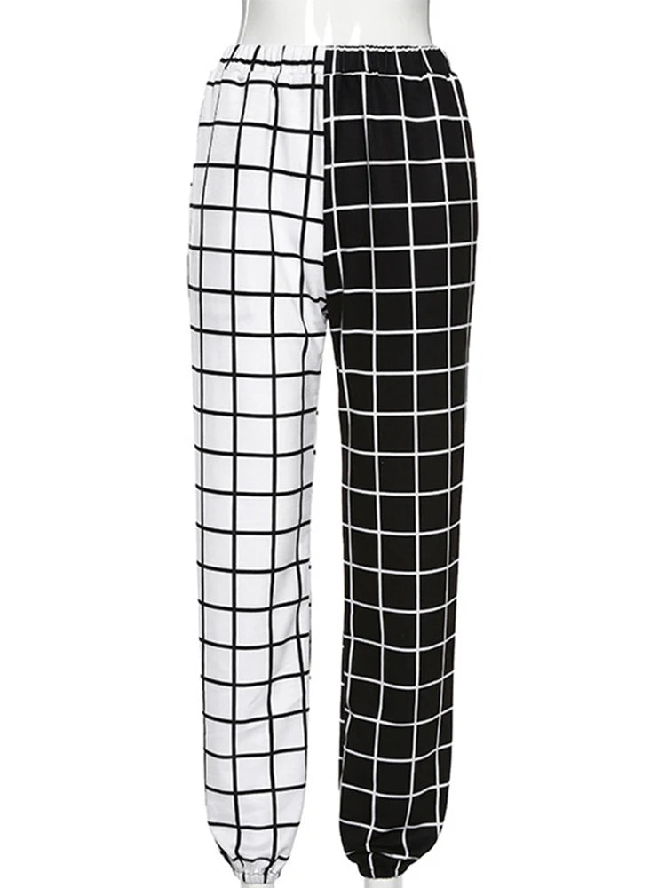 Women’s Contrast Cargo Pants – High-Waist Plaid Joggers with Elastic Waistband, Loose Fit Sporty Trousers for Summer