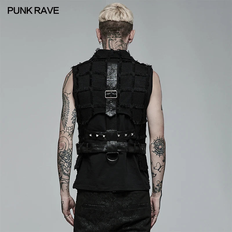 PUNK RAVE Men's Gothic Asymmetric Personality Twill Black Vest Casual Handsome Tank Top Back Hollow Out Design Four Seasons