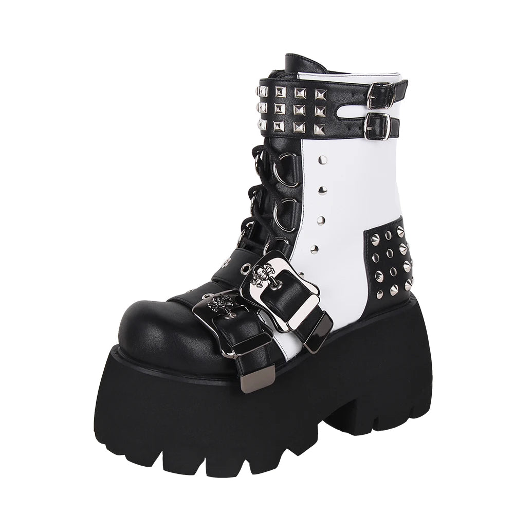 Women Gothic motorcycle Punk Dark Street Style boots lady short ankle customized Boots woman high heels pumps shoes black rivets