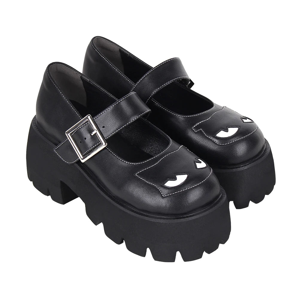 Women’s and Girls’ Lolita Punk Rock Mary Jane Shoes - Chunky Low Platform with Black Cat Accents