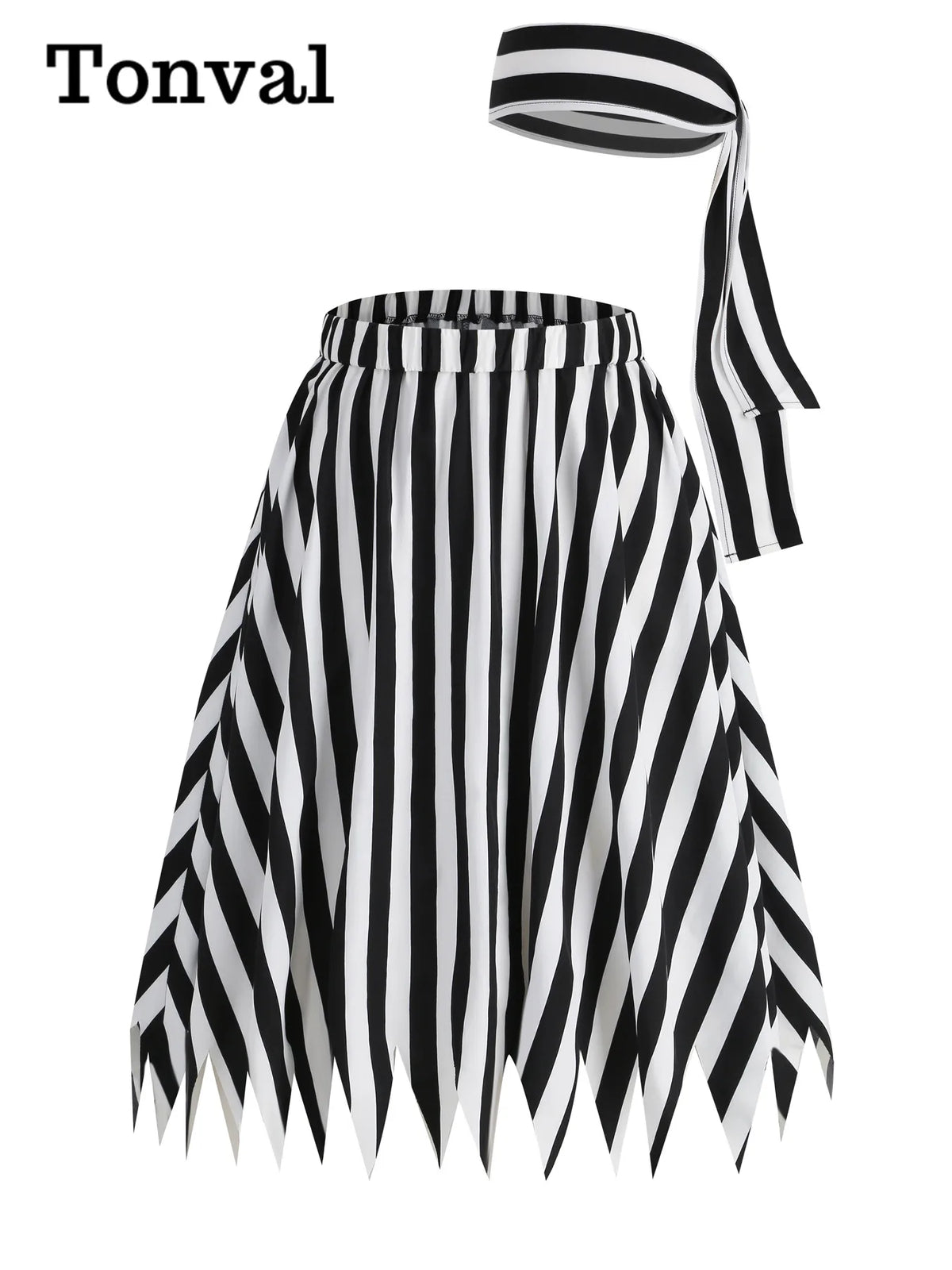 Tonval Black and White Striped Vintage Asymmetrical Hem Skirts Women Elastic Waist 2024 Cosplay Halloween Party Skirt