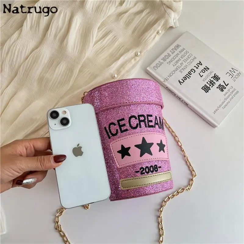 Funny Cute Cup-Shaped Shoulder Bag - Ice Cream Printed Bucket Bag, Ladies' Crossbody Messenger Purse Handbag