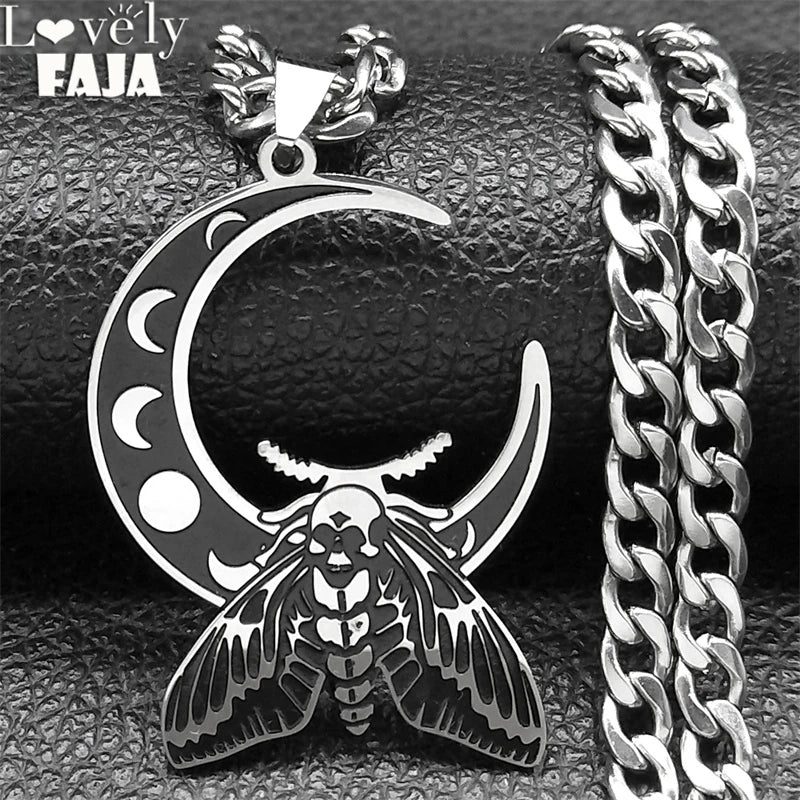 Wicca Crescent Moon Phase Moth Pendant Necklace for Men Women Gothic Insect Stainless Steel Vintage Necklaces Jewelry N9624