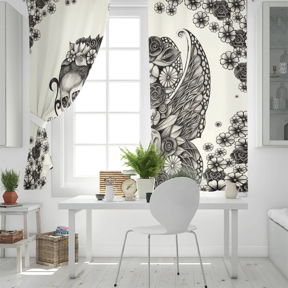 Skull Sketch and Flowers Modern Curtains - Interior Home Decor for Living Room, Bedroom, and Kitchen