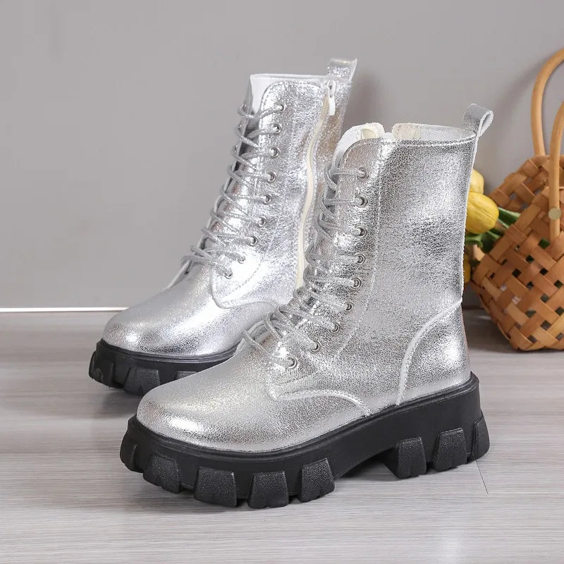 Women's Gothic Ankle Boots | Silver, Black, Gold Thick Sole Motorcycle Boots | Luxury Metallic Punk Shoes