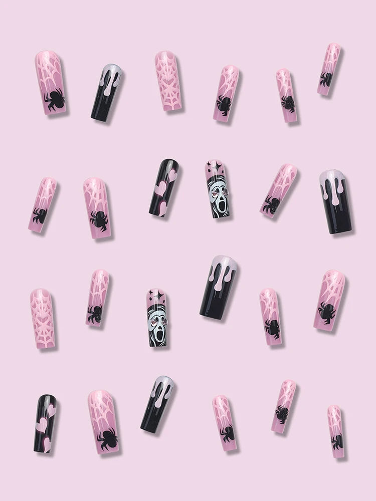 Upgrade Your Style for Halloween with This 24 Piece Long Coffin Shaped Punk Style Ghost Heart Spider Web Nail Art Set