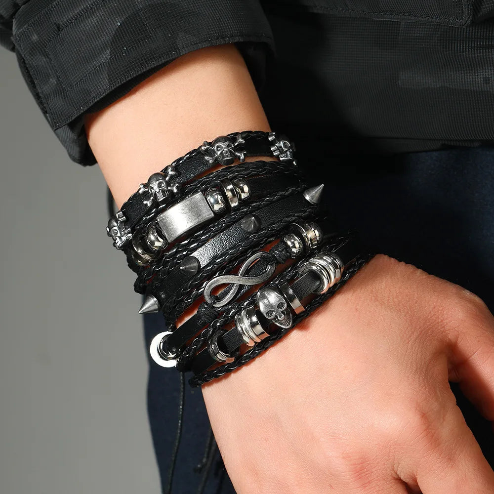 Men's Viking Skull Bracelet - Fashion Woven Leather Hand Jewelry, Adjustable Set