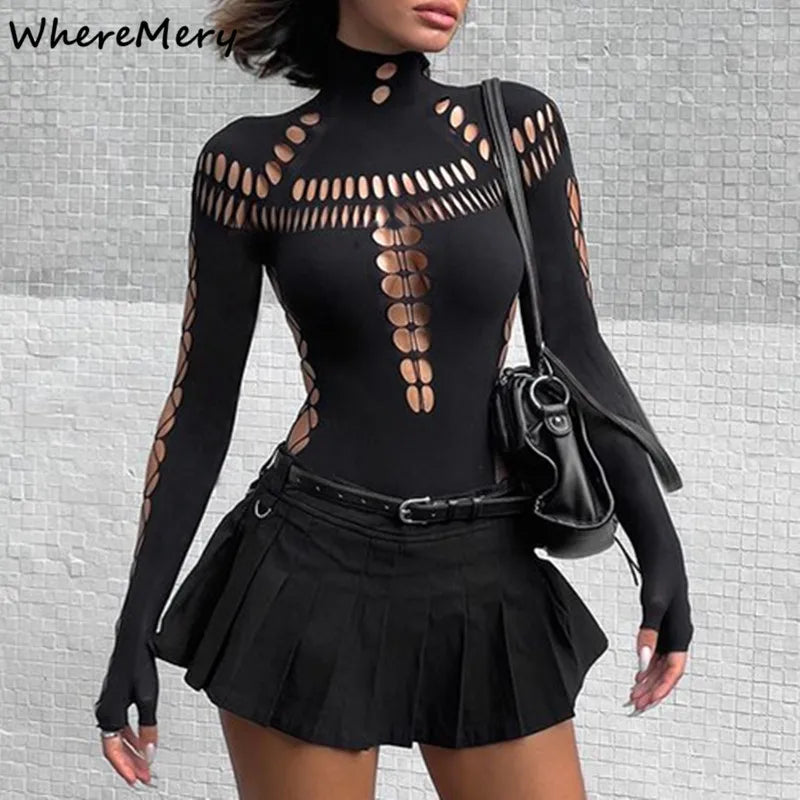 WhereMery Solid Hollow Out High Collar Bodysuit Sexy Bodycon Skinny Long Sleeves T Shirts Women Gothic Punk Streetwear Bodysuits