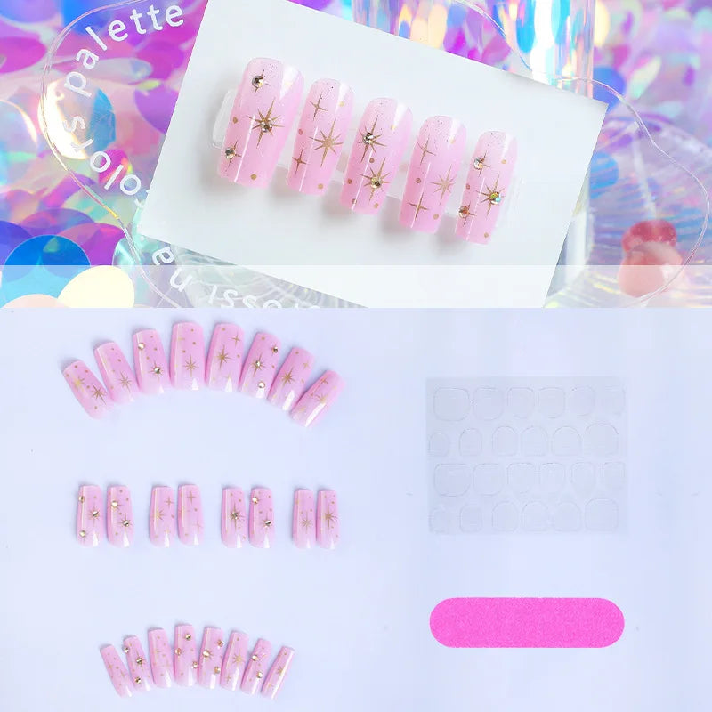 24pcs False Nails Pink Sparkling French Edge Ballerina Nails Detachable Fake Nails Full Cover Press on Nails DIY Nail Tips