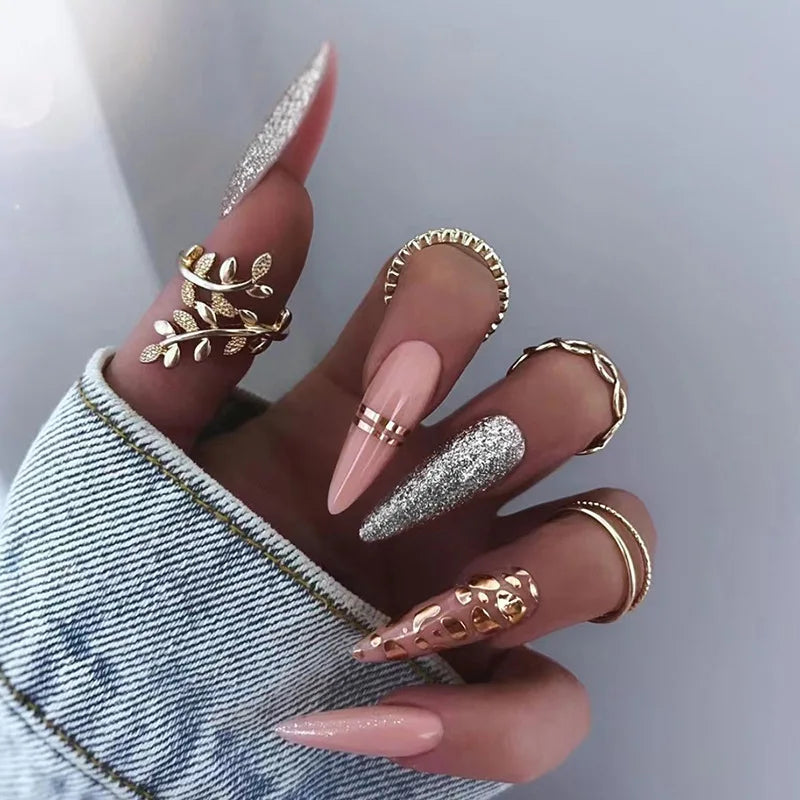 24Pcs Gradient Yellow Sequins False Nails with Almond Geometry Design Stiletto Press on Nails Long Wearable Fake Nail Tips