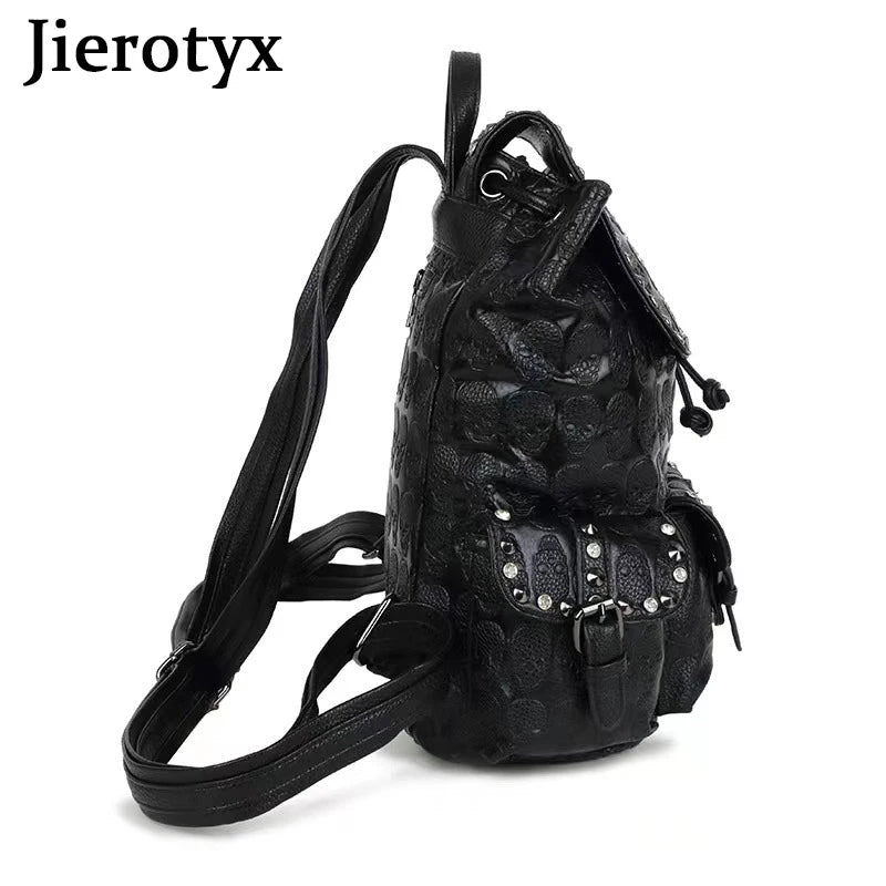 JIEROTYX Skull Backpack Women Gothic Rivet Studded Zipper Shoulder Purse Black Punk Metal 3D School Bags