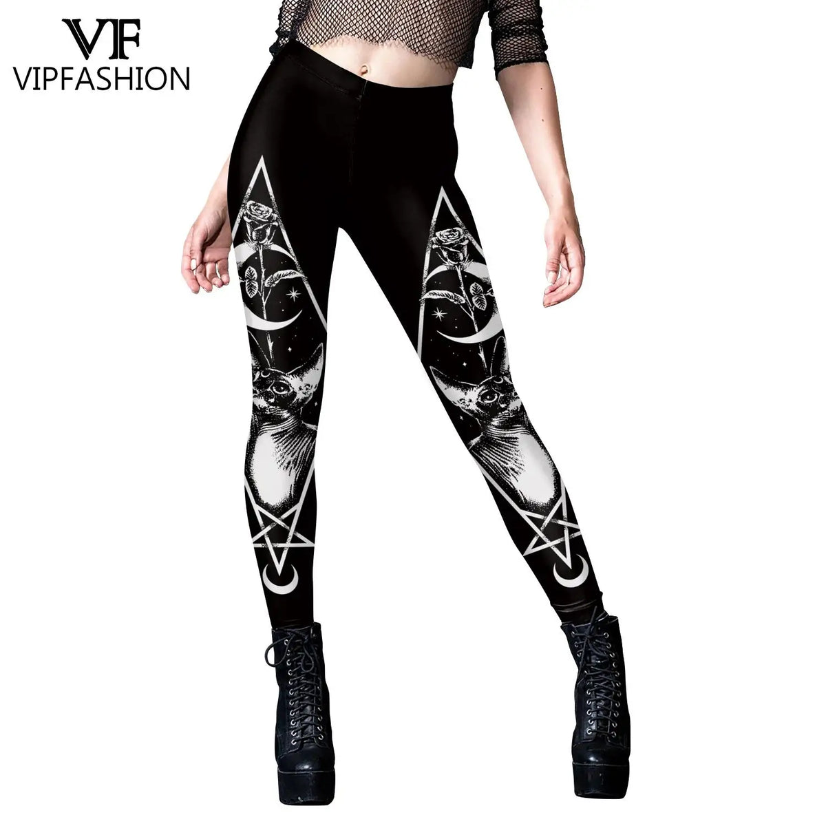 VIP FASHION Women's Gothic Leggings - Sexy Steampunk Print Vintage Skinny Ankle-Length Pants