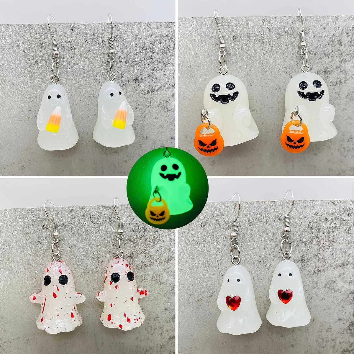 3D Luminous Bloodstains Pumpkin Ghost Halloween Necklace with White Luminous Ghost, Spirit Pumpkin, and Candy Corn Pendant Earrings