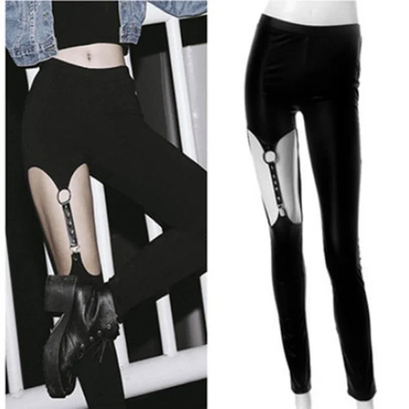 Gothic Punk Harajuku Leather Strap Ring Rivet Pencil Pants - Women’s Black Casual Tight Trousers with Hollow Design