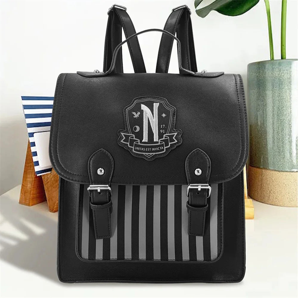 Wednesday Addams Black PU Leather Backpack | Casual Vintage Schoolbag for Women Girls | Large Capacity Student Fashion Backpack