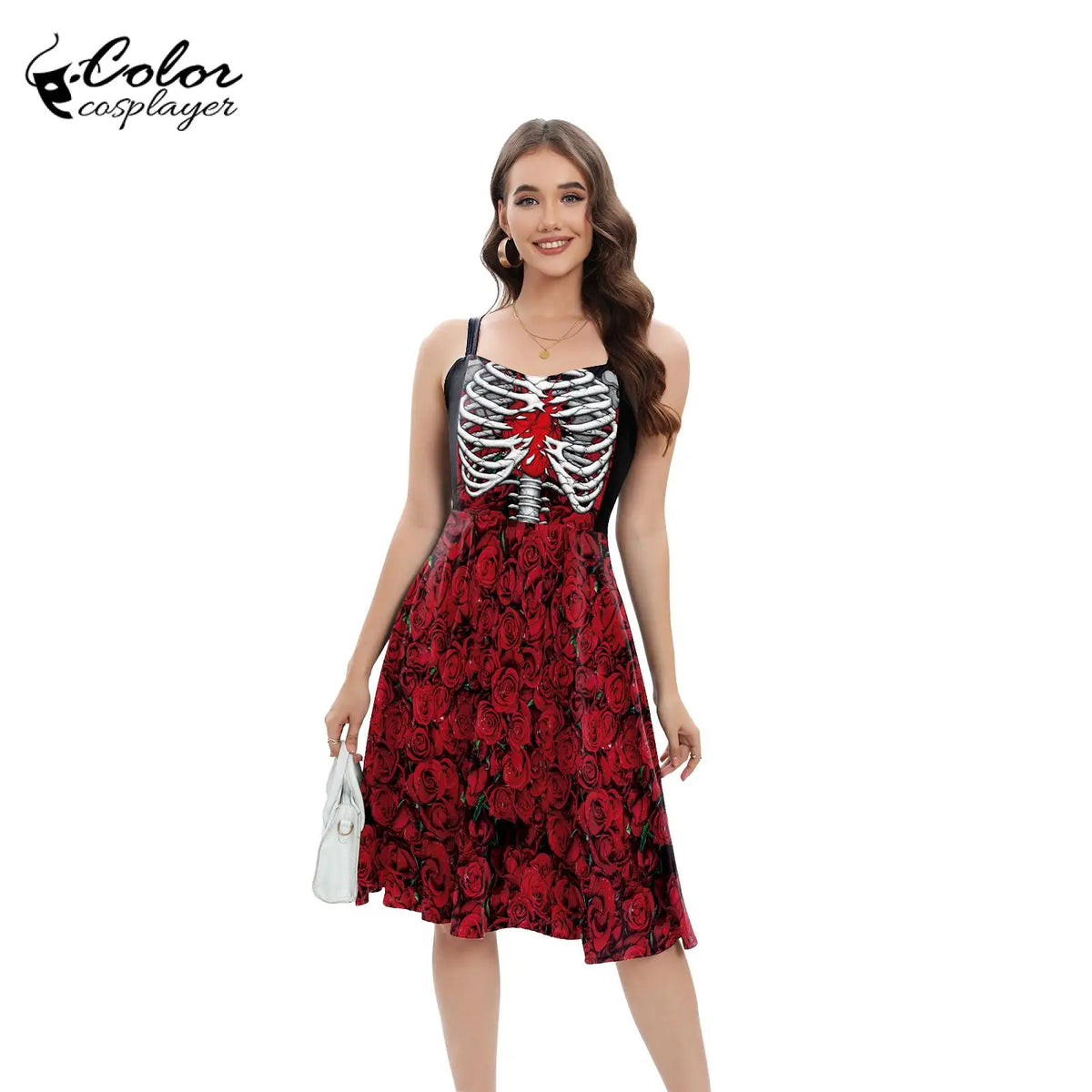 Color Cosplayer Red Rose Pattern Dress Gothic Skeleton Slip Dresses Halloween Witch Cosplay Costume Women Carnival Party Outfit