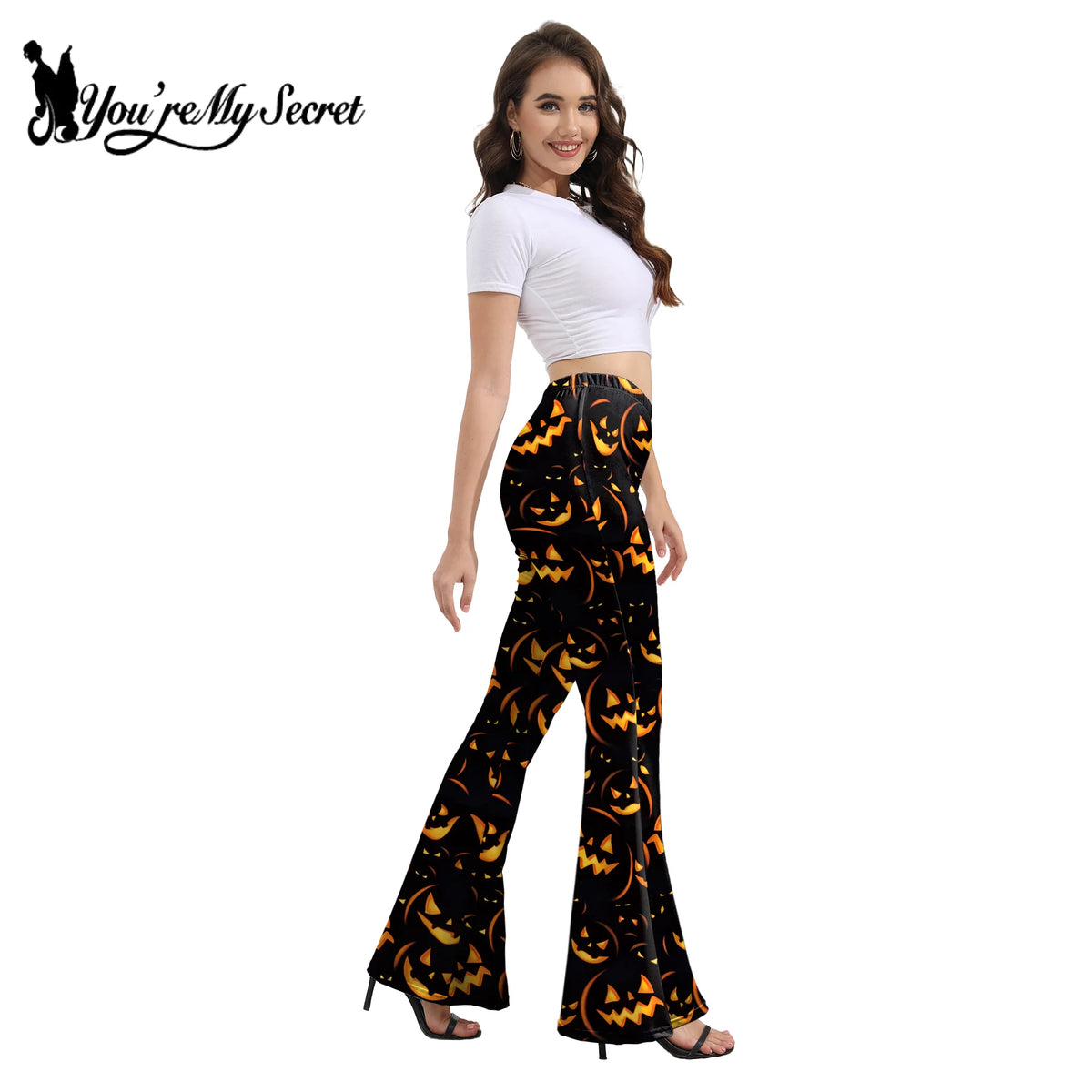 [You're My Secret] Women's Slim Pants Casual Bell Bottoms High Waist Flare Trousers Halloween Style Printed Trousers Female