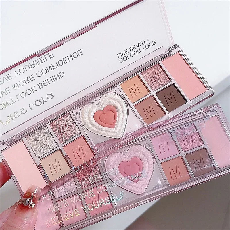 12-Color Love Heart Pink Eyeshadow Palette – Cool Tone Matte Shades, Low Saturation Brown Korean Makeup