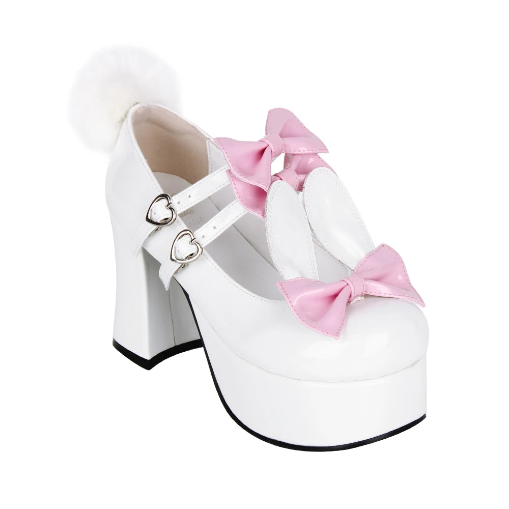 Women lolita cosplay shoes lady high heels pumps girl student dress party customized shoes pink white PL bows Rabbit ears 33-47