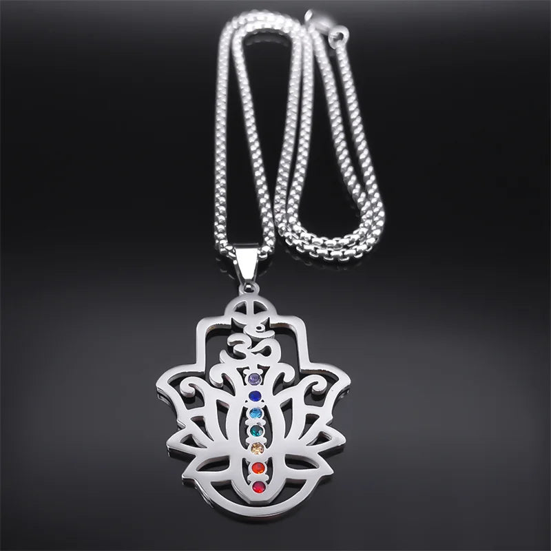 Aesthetic 7 Chakra OM Lotus Flower Pendant Necklace for Women Men Stainless Steel Yoga Healing Chain Jewelry collar N9727S02