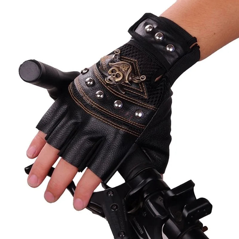 Punk Skull Rivet PU Leather Half-Finger Gloves – Fashion Hip Hop Anti-Slip Summer Cycling & Motorcycle Accessories for Men