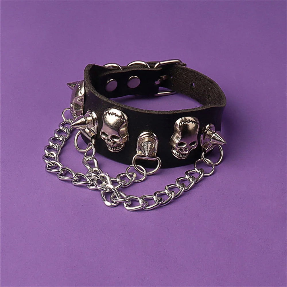 Gothic Skull Chains Spike Bracelet – Adjustable Punk Rock Black Studded Faux Leather for Men and Women Jewelry