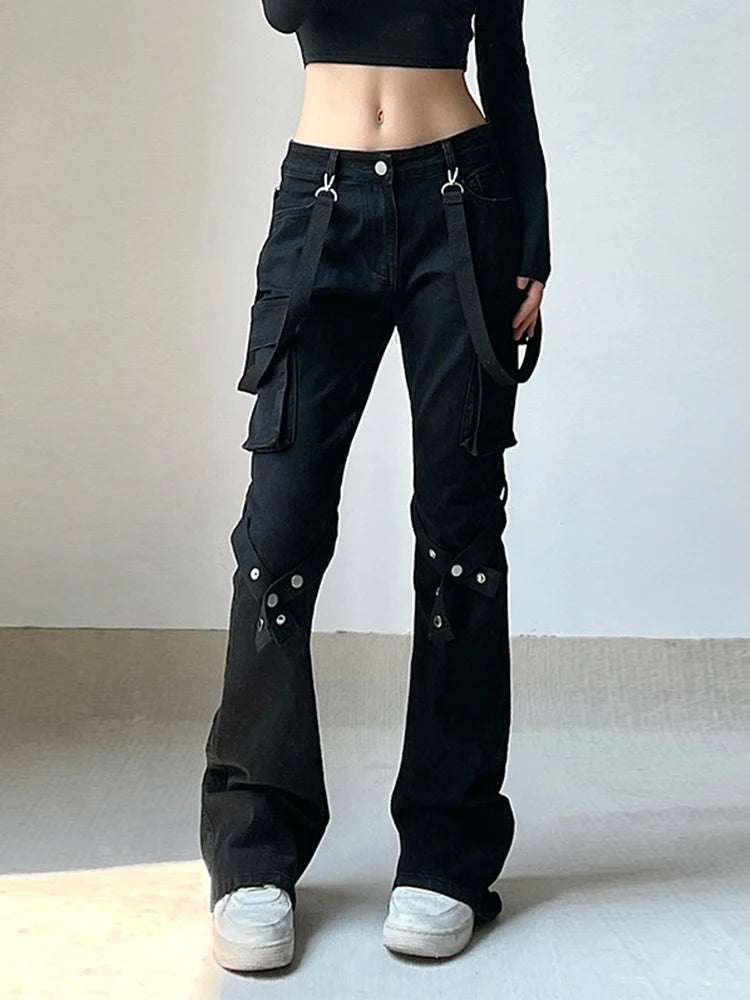 AltGoth Harajuku Streetwear Emo Pants - Women Y2K E-girl Dark Academia Gothic Metal Buckle Leg Ring Trousers