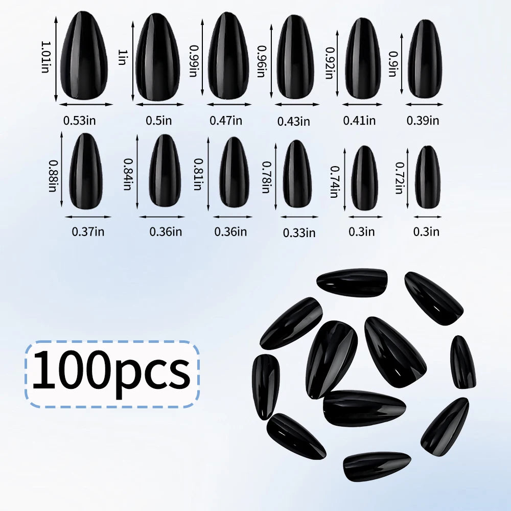 100-Piece Black Matte Almond Press-On Nails – Medium Length Artificial Nail Tips for Extensions