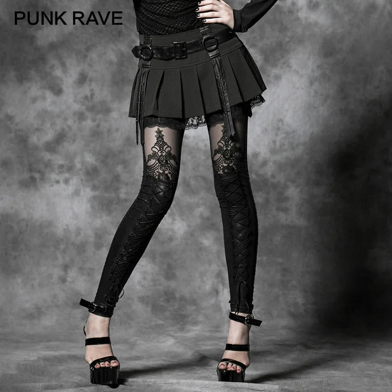 PUNK RAVE Women's Sexy Flocking Bind Lace Leggings - Gothic Retro Black Patchwork Slim Pants