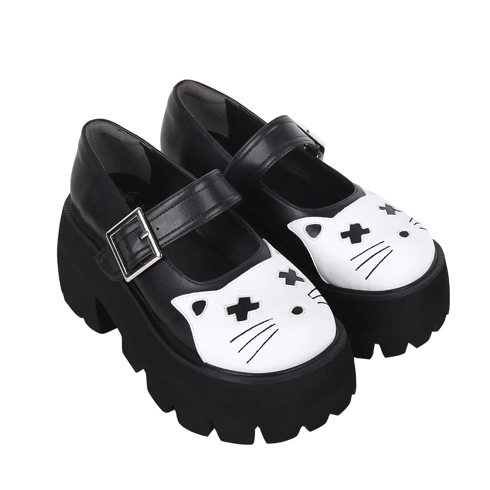 Women’s and Girls’ Lolita Punk Rock Chunky Mary Jane Shoes - 8 cm High Heel with White Cat Toe Accent