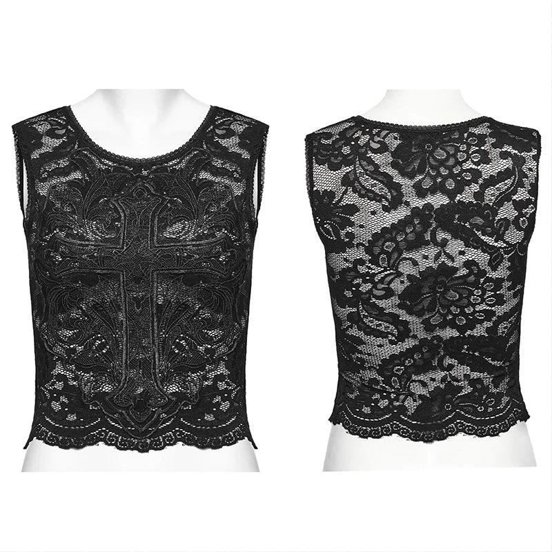 PUNK RAVE Women's Gothic Lace Tank Top – Sexy Slim Fit Hollowed Black Vest for Summer