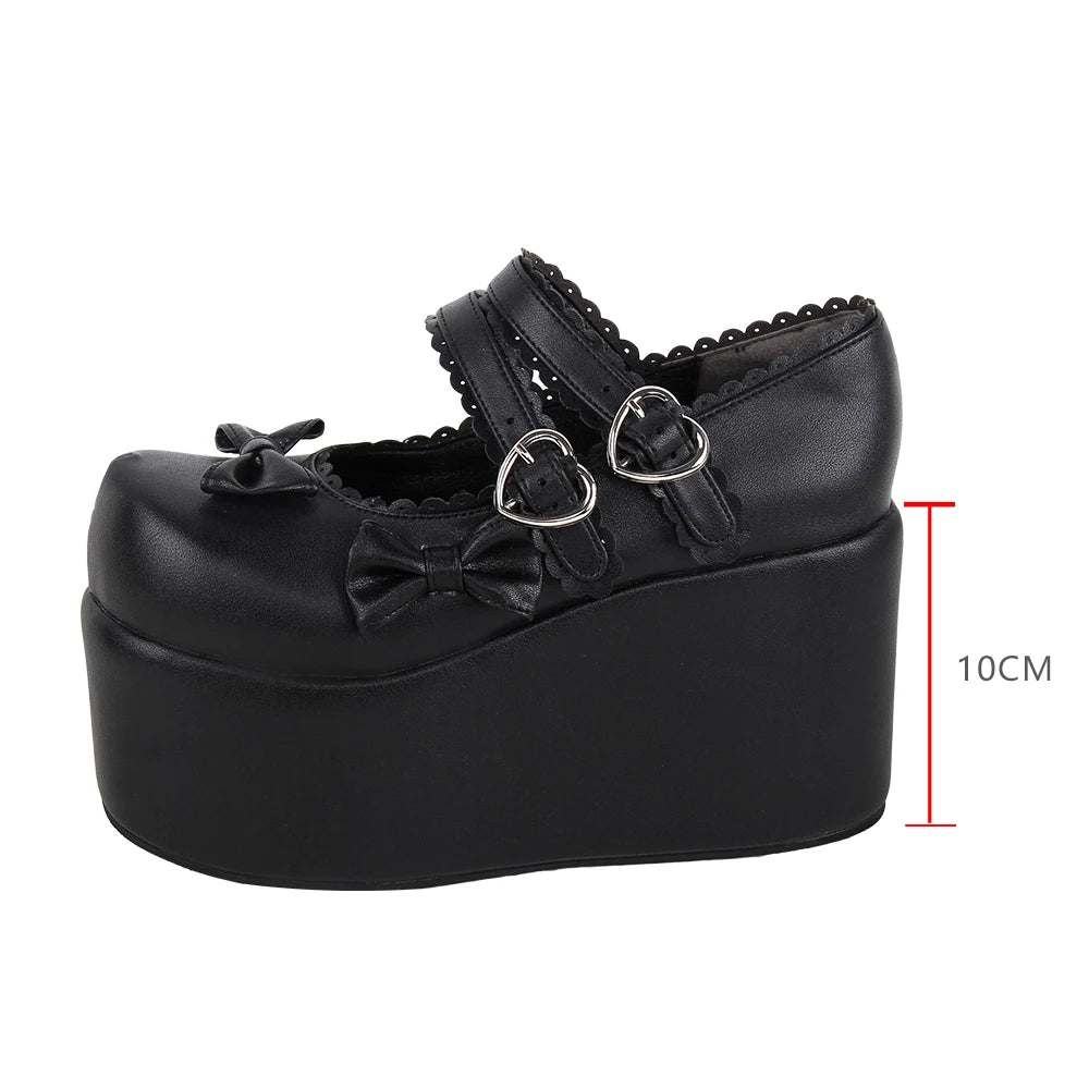 Women’s and Girls’ Lolita Punk Rock High Platform Mary Jane Shoes - Heart Buckle Straps with Bow Toe Accents