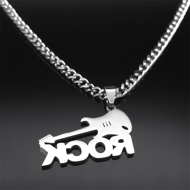 Electric Guitar Rock Hip Hop Necklace – Stainless Steel Musical Band Chain Necklace Jewelry for Men and Women