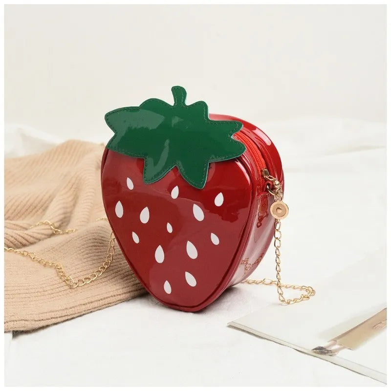 Strawberry Shaped Fun Novelty 3D Zip Closure Crossbody Bag With Chain Strap