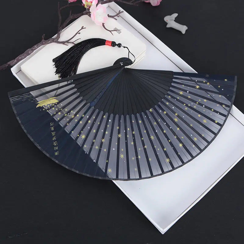 Star Pattern Portable Folding Fan – Chinese Style Bamboo Summer Fan