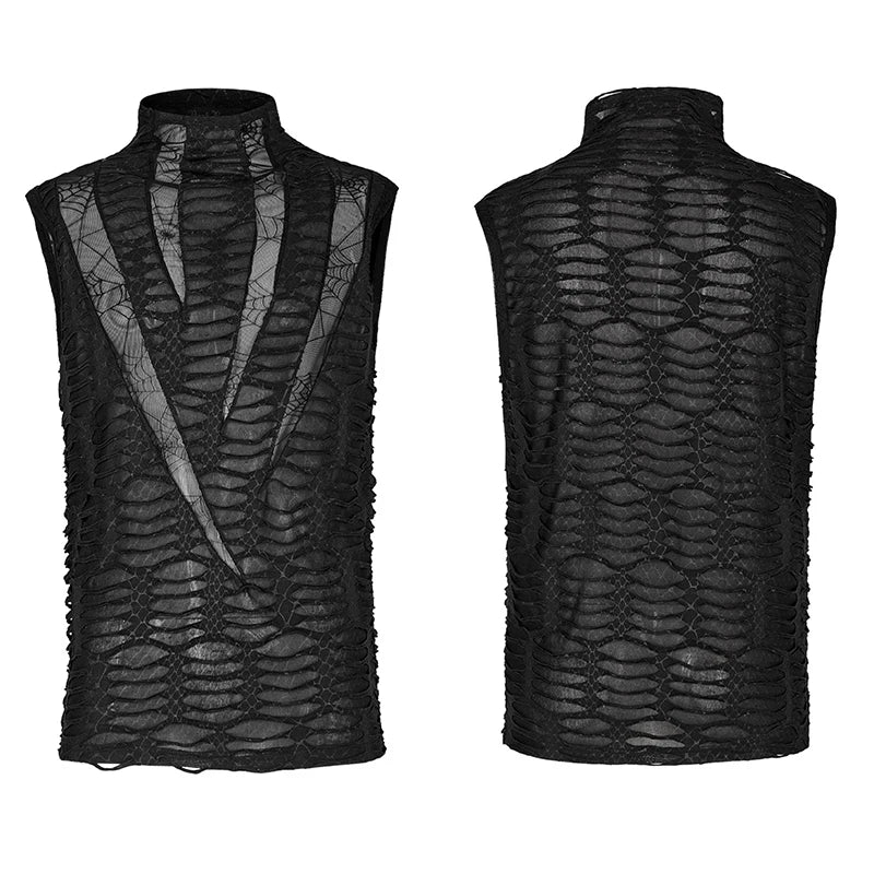 PUNK RAVE Men's Gothic Asymmetric Sharp Teeth Mesh Vest Punk Handsome Cool High Collar Simple Black Tank Tees Summer Tops