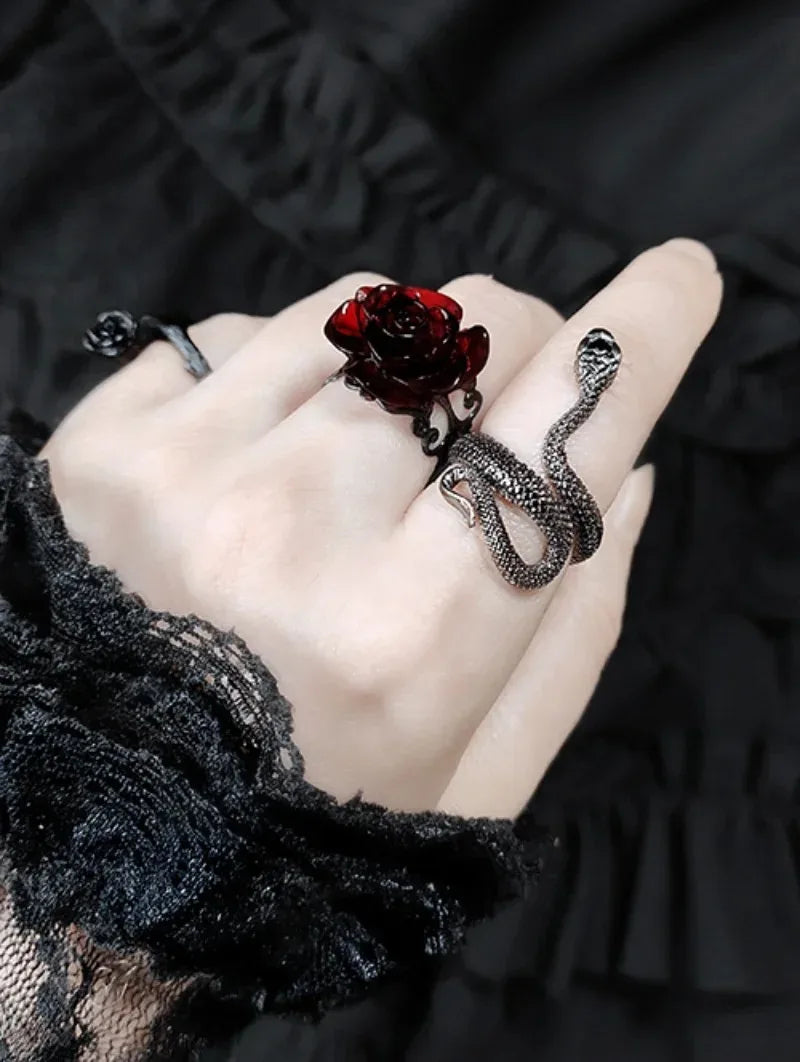 Gothic Red Rose Adjustable Hollow Rings for Women | Witch Pagan Vintage Creative Halloween Cool Girl Gift Jewelry