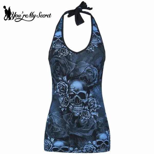 [You're My Secret] Fashion Woman Clothes Spring and Summer Camisole Vest Skull Printing Sexy Halter Sleeveless T-Shirt Tank Top