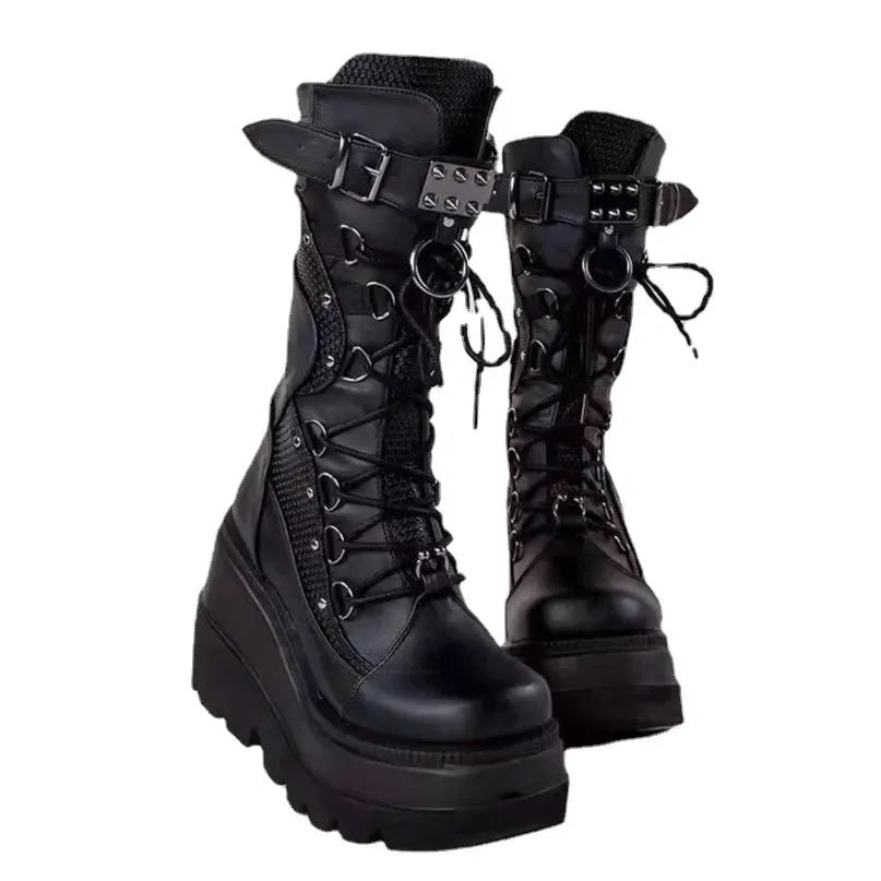 Brand New Ladies Goth Platform Boots - Fashion Rivet Buckle Punk Wedges High Heels Women's Boots for Party Street Cosplay, Woman Shoes