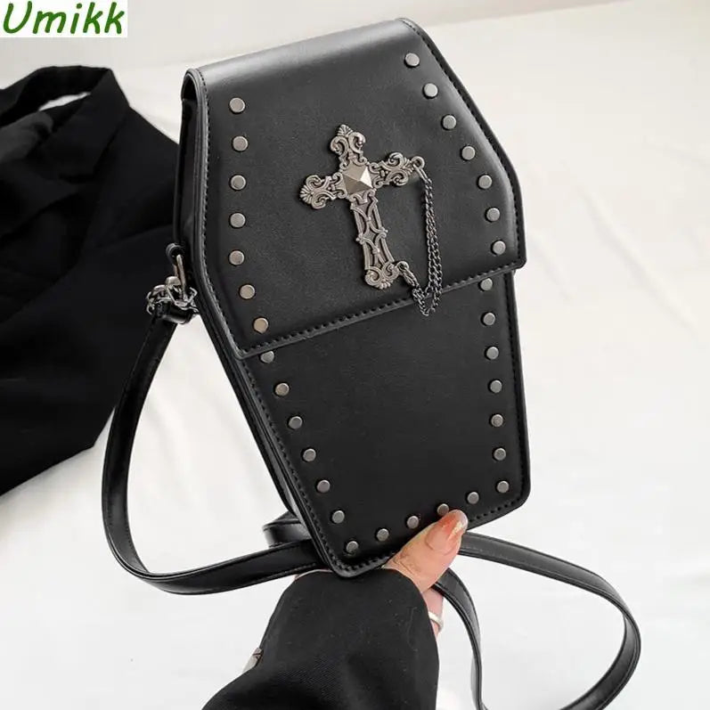 Novelty Coffin Shape Purses - Halloween Gothic Cartoon Crossbody Bags, PU Leather Women's Cell Phone Bag, Cosplay Lolita Satchel